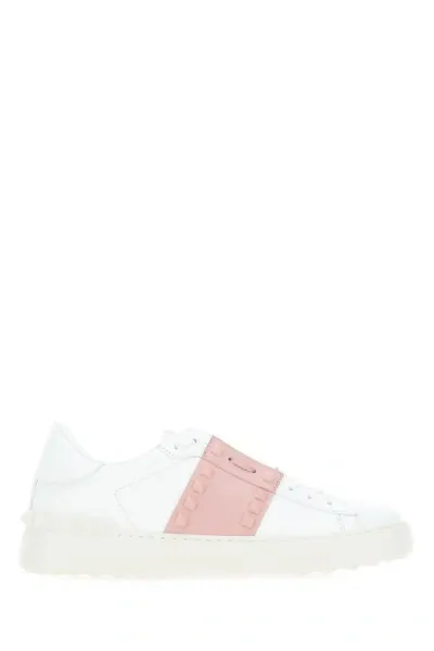 Valentino Garavani Woman White Leather Rockstud Untitled Sneakers With Powder Pink Band