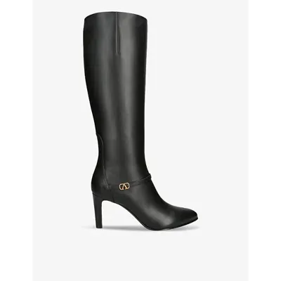 Valentino Garavani Womens Black Vlogo Heeled Leather Knee-high Boots