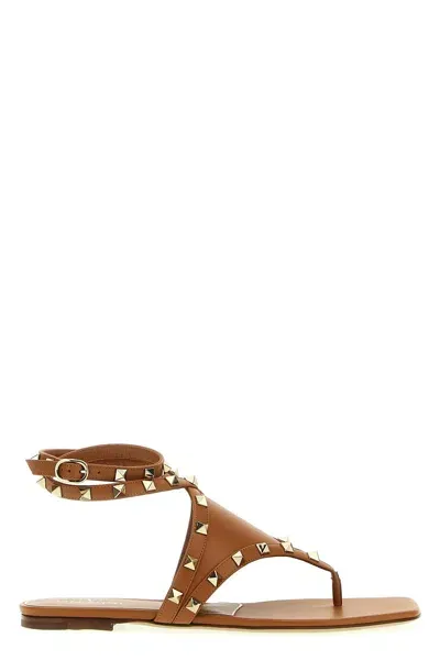 Valentino Garavani Brown Rockstud Sandals In Cream