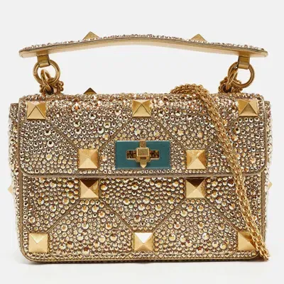 Pre-owned Valentino Garavani Gold Crystal Studded Medium Roman Stud Top Handle Bag