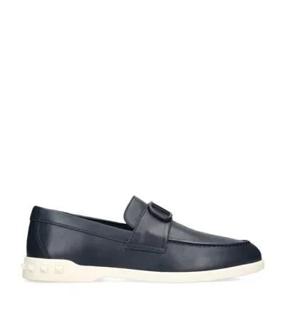 Valentino Garavani Leather Leisure Flows Loafers In Navy