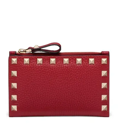 Valentino Garavani Leather Rockstud Coin And Card Holder In Red