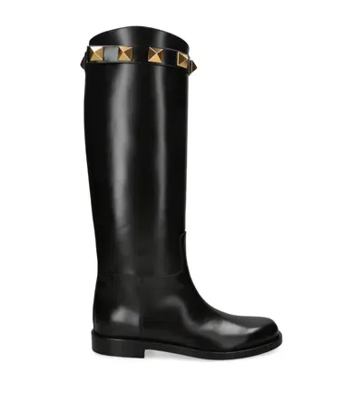 Valentino Garavani Leather Roman Stud Riding Boots In Black