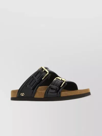 Valentino Garavani Leather Slide Sandals Gold Hardware In Black