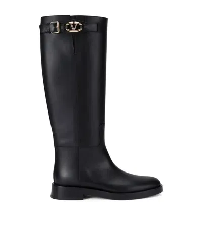 Valentino Garavani Leather Vlogo Knee-high Boots 30 In Black