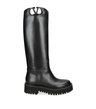 Valentino Garavani Leather Vlogo Lug Knee-high Boots 50 In Black