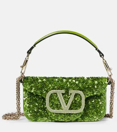 Valentino Garavani Locò Small Sequined Shoulder Bag In Green