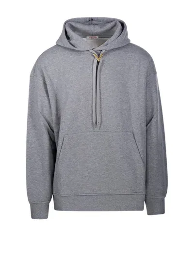 Valentino Logo Plaque Drawstring Hoodie In Grey