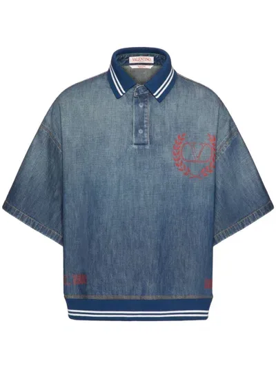 Valentino Logo-print Denim Polo Shirt In Medium Blue