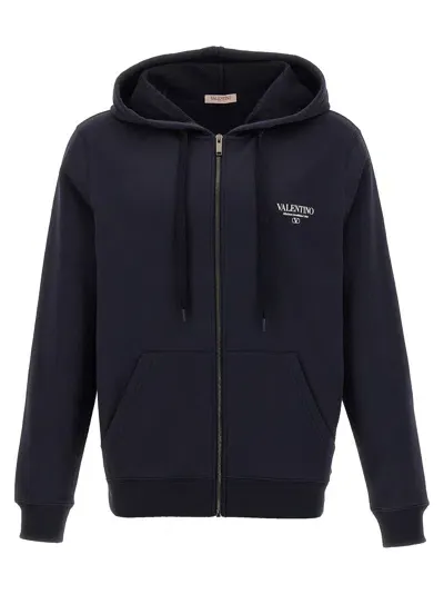 Valentino Logo Print Hoodie Sweatshirt In Navy Blue