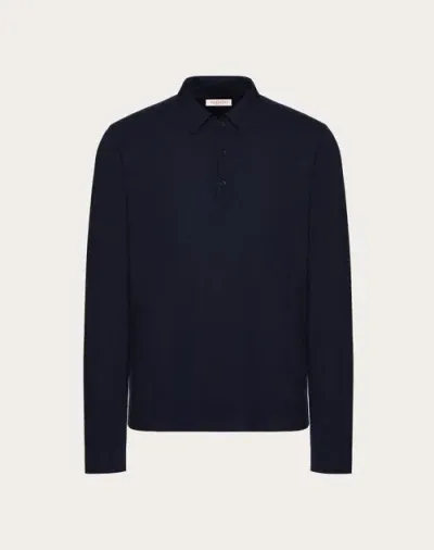 Valentino Long-sleeve Wool Polo Shirt With Vlogo Signature Embroidery In Blue