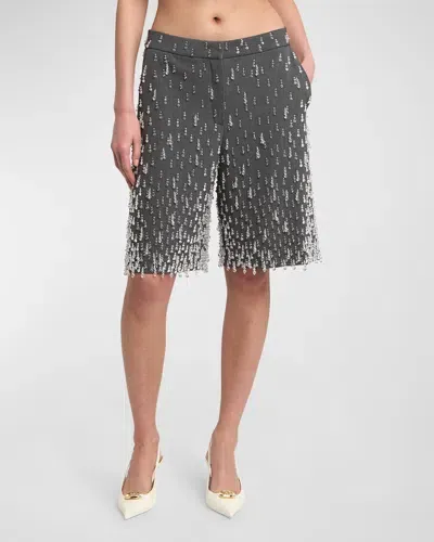 Valentino Low-rise Crystal Drops Gabardine Bermuda Shorts In Dark Gray