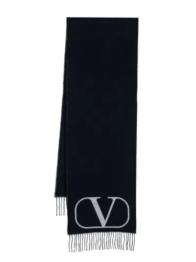 Valentino Luxurious Scarf With Signature Logo And Elegant Fringed Edges In Black