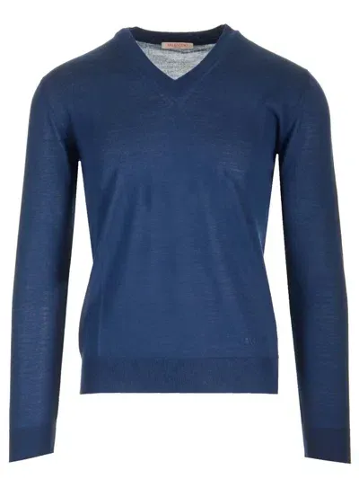 Valentino Maglia V Neck Vlogo Signature Wool Navy Blue