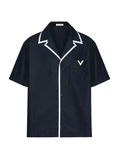 Valentino Cotton Poplin Bowling Shirt With Rubberised V Detail In Navy Blue