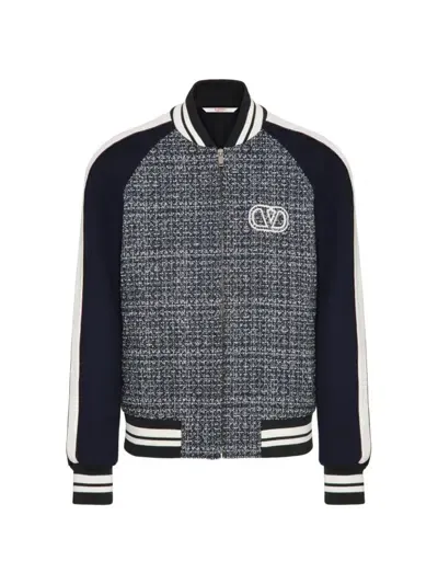 Valentino Tweed Bomber Jacket In White Navy