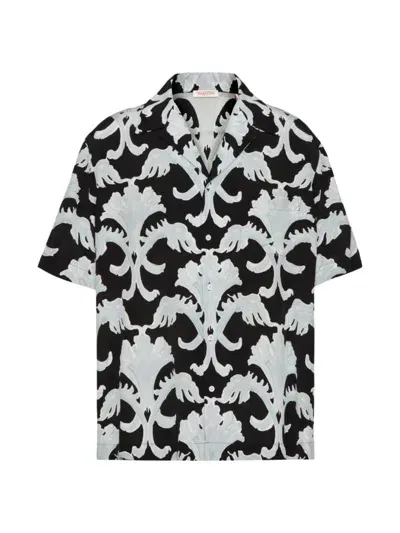 Valentino Silk Bowling Shirt With Metamorphos Wall Print In Black Pearl Gray