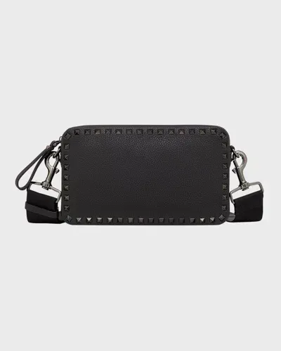 Valentino Garavani Men's Rockstud Leather Crossbody Bag In Black