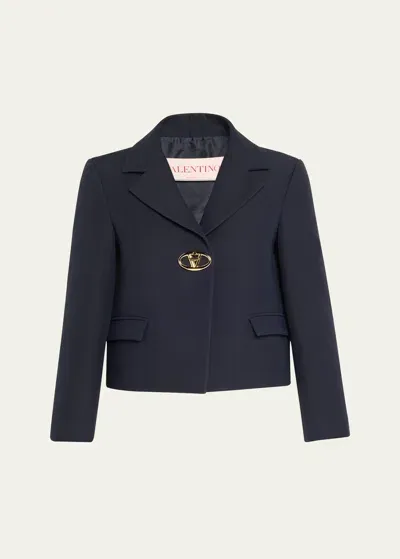 Valentino Metal Logo Crepe Crop Wool Blazer In Navy