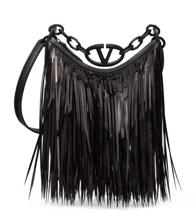 Valentino Garavani Mini Fringed Vlogo Moon Shoulder Bag In Black