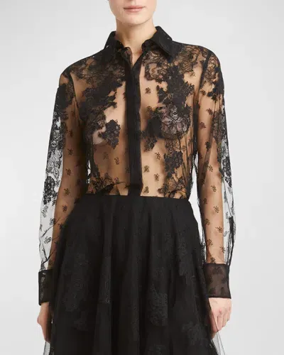 Valentino Mossi Lace Long-sleeve Collared Shirt In Black