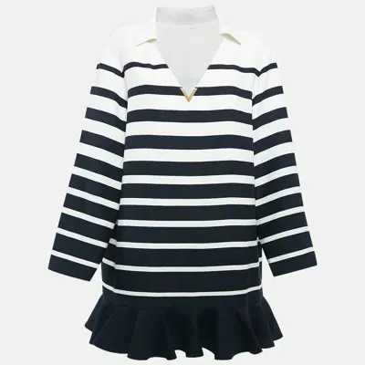 Pre-owned Valentino Navy Blue/white Stripe Wool Blend Ruffled Mini Dress M