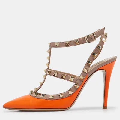 Pre-owned Valentino Garavani Neon Orange/dusty Pink Leather Rockstud Ankle Strap Pumps Size 36.5