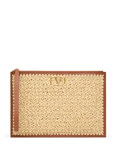 Valentino Garavani Neutral Vlogo Signature Raffia Clutch Bag In Neutrals