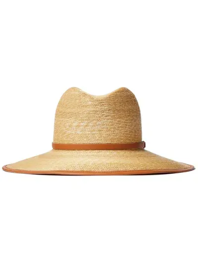 Valentino Garavani Neutral Vlogo Signature Straw Fedora Hat In Natural/almond