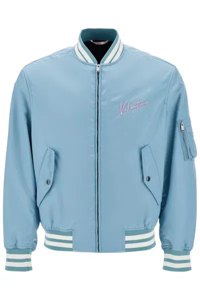 Valentino Nylon Bomber Jacket With Embroidery And Print. In Blue