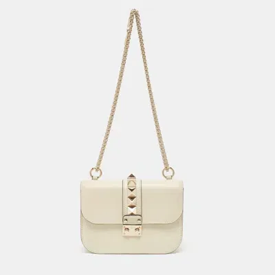 Pre-owned Valentino Garavani Off White Leather Small Rockstud Glam Lock Flap Bag