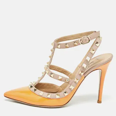 Pre-owned Valentino Garavani Orange Patent And Leather Rockstud Pumps Size 36.5