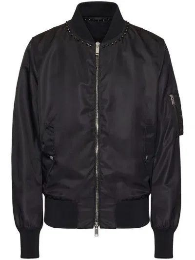 Valentino Nylon Bomber Jacket With Black Untitled Studs On The Neckline