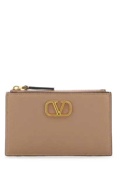 Valentino Garavani Powder Pink Leather Card Holder In Brown