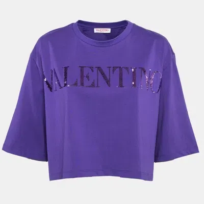 Pre-owned Valentino Purple Sequin Embroidered Jersey Oversized Crop T-shirt M