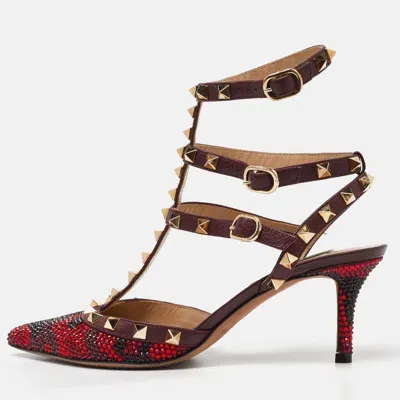 Pre-owned Valentino Garavani Red Leather Crystal Embellished Rockstud Ankle Strap Pumps Size 37