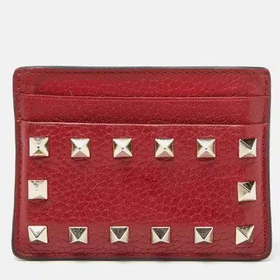 Pre-owned Valentino Garavani Red Leather Rockstud Card Holder