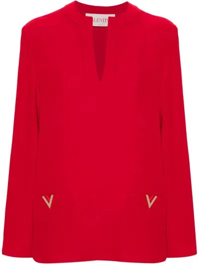 Valentino Silk Shirt With Metal V In Red