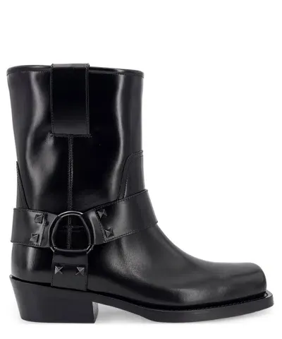 Valentino Garavani Rockstud Leather Biker Ankle Boots In Black