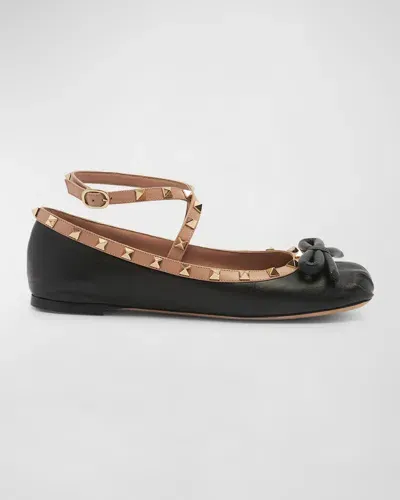 Valentino Garavani Rockstud Ankle-strap Ballerina Flats In Nero Rose Cannell