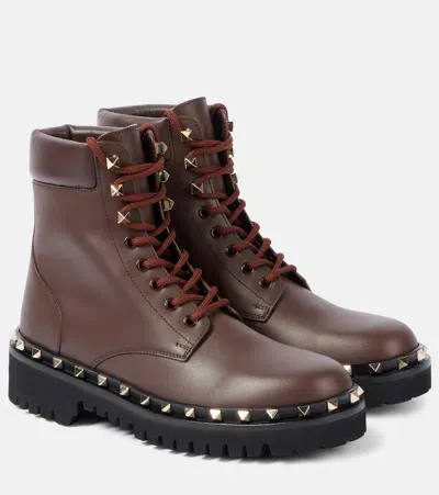 Valentino Garavani Rockstud Bootie Leather Combat Boots In Black