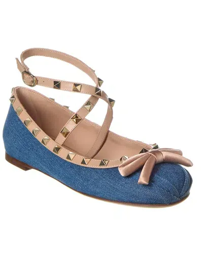 Valentino Garavani Rockstud Leather-trimmed Denim Ballet Flats In Blue