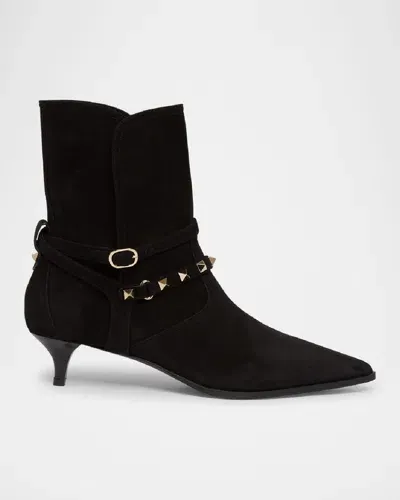 Valentino Garavani Rockstud Harness Suede Ankle Booties In Nero