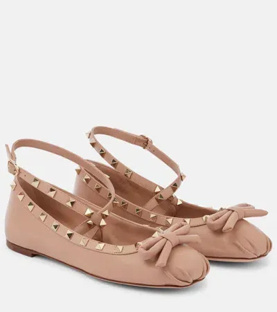 Valentino Garavani Rockstud Satin Ballerina Flats In Rose Cannelle