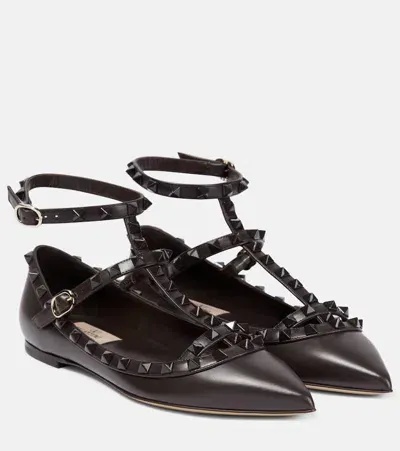 Valentino Garavani Rockstud Leather Ballet Flats In Brown