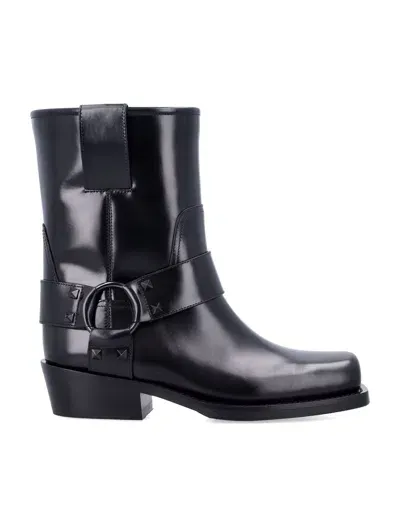 Valentino Garavani Rockstud Leather Biker Ankle Boots In Black