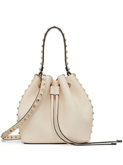 Valentino Garavani Rockstud Leather Bucket Bag In White