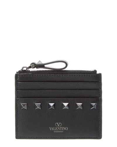 Valentino Garavani Valentino Rockstud Leather Card Holder In Black