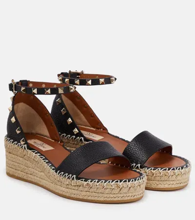 Valentino Garavani Rockstud Leather Espadrille Wedges In Beige