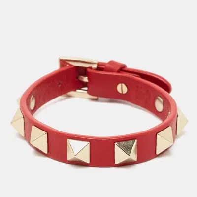 Pre-owned Valentino Garavani Rockstud Leather Gold Tone Bracelet